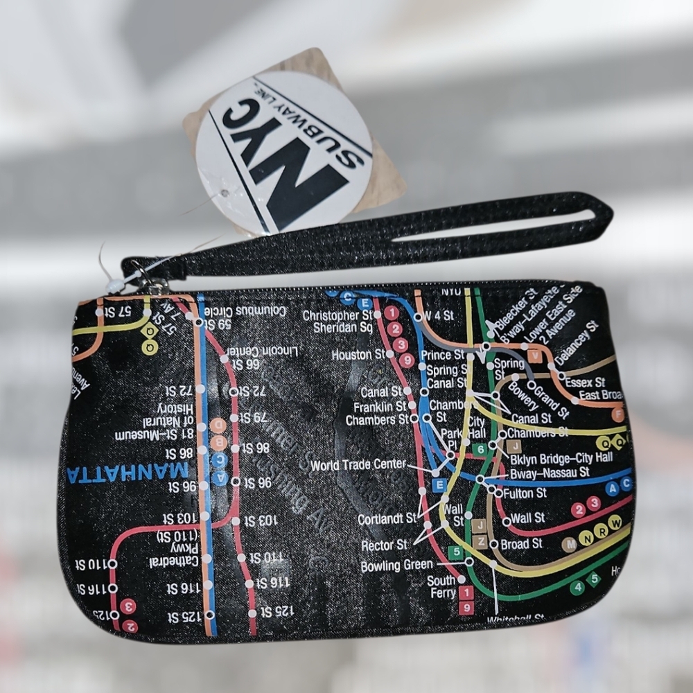 NYC Wristlet Makeup Cosmetics Bag Zip Top Black And Multi  NWT